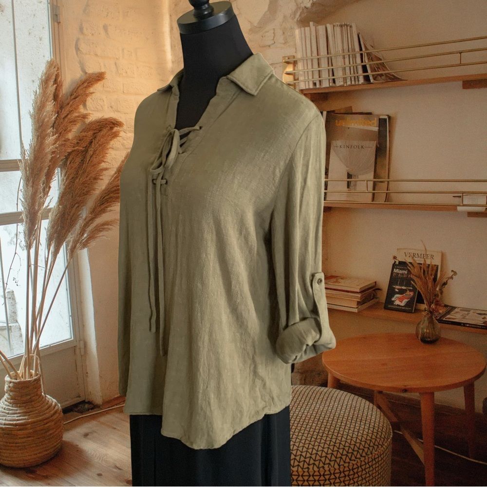 Everly Lace Up Blouse in Cotton Linen Blend, Size Small